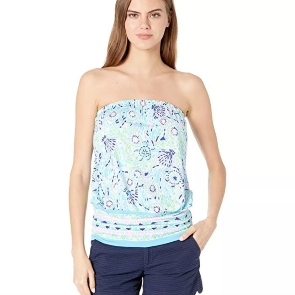 Lilly Pulitzer Adella Strapless Top Blue Ibiza Sz XXS Open water engendering top